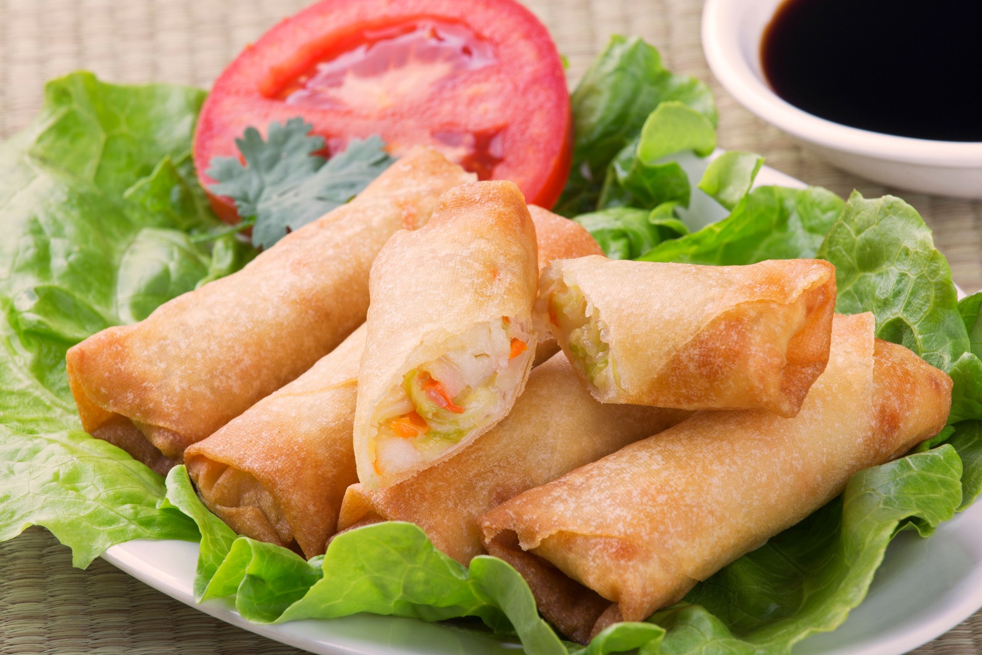 Traditional Chinese Spring Rolls with a dipping sauce